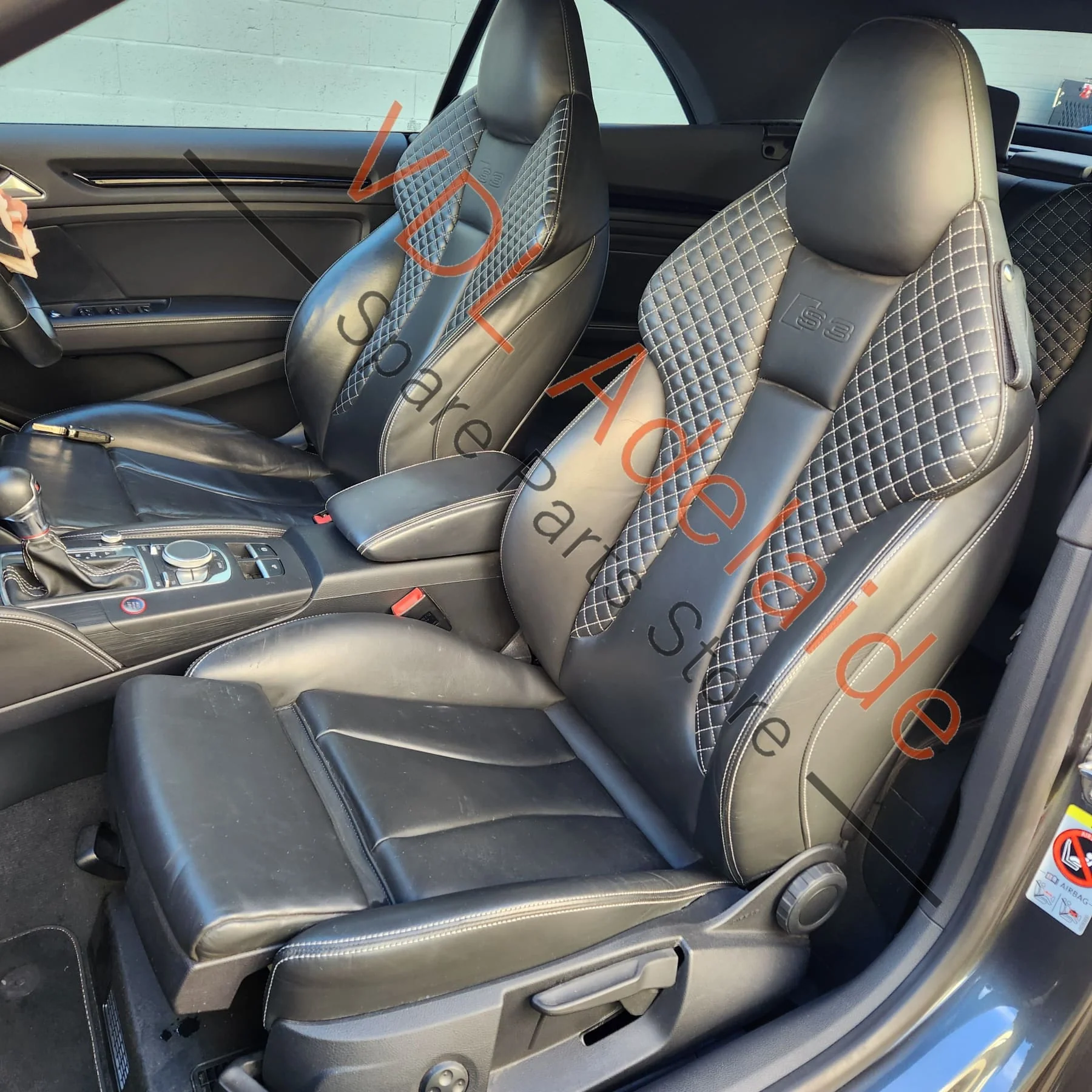 Audi A3 S3 RS3 Middle Centre Armrest Black Leather w White Stitch - Image 8