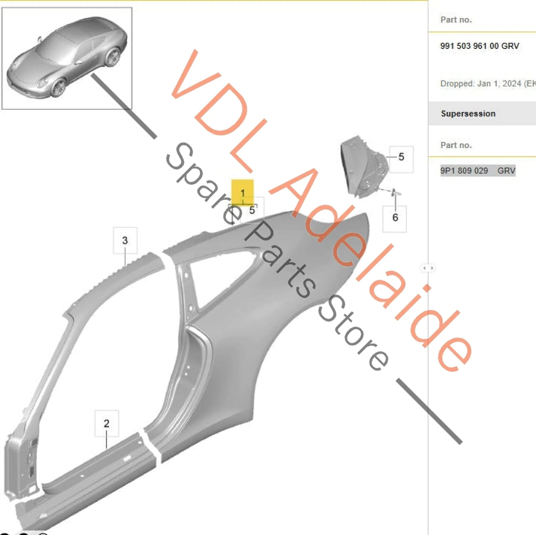 Porsche 911 991 Left Rear Quarter Panel Inner & Outer 9P1809029 GRV - Image 2