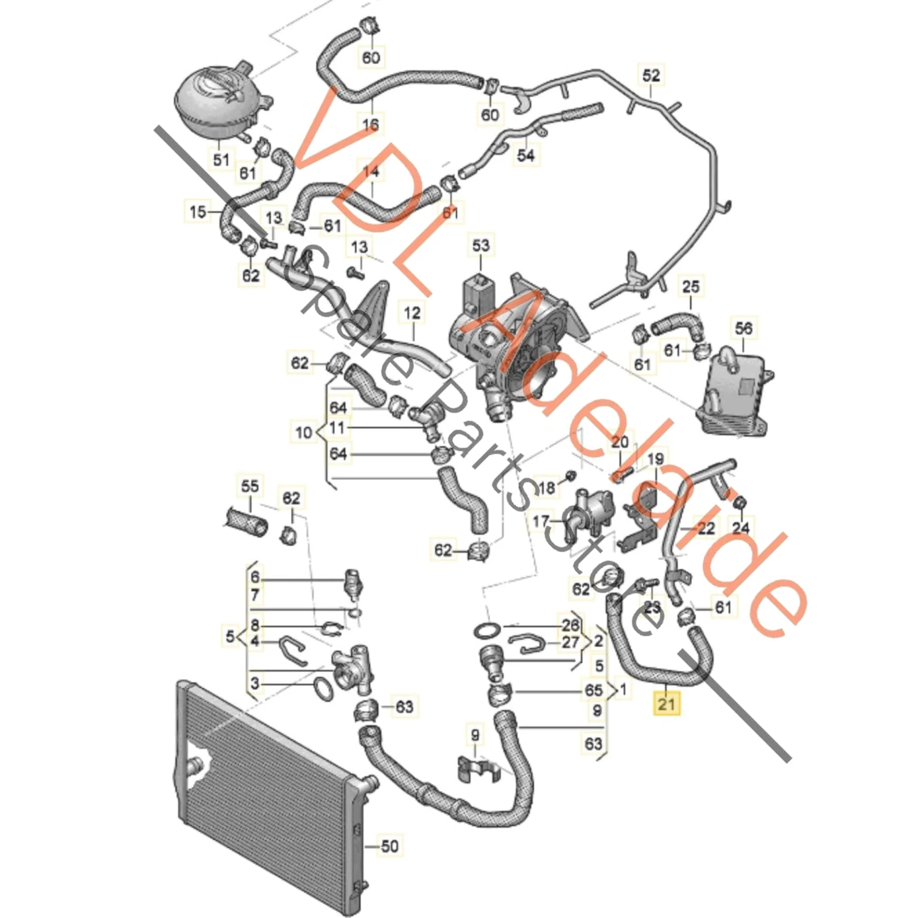 VW Golf R Coolant Radiator Hose Pipe 5Q0121070BT 5Q0121070BQ 5Q0121058AC - Image 2