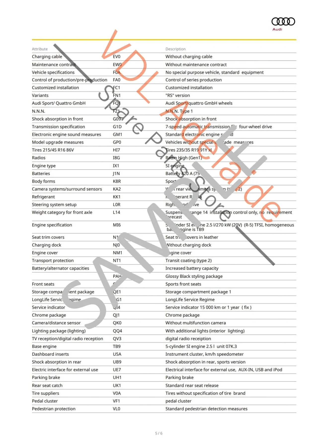 Audi VIN Digital Report - Option Codes Build Date Colour - Image 5