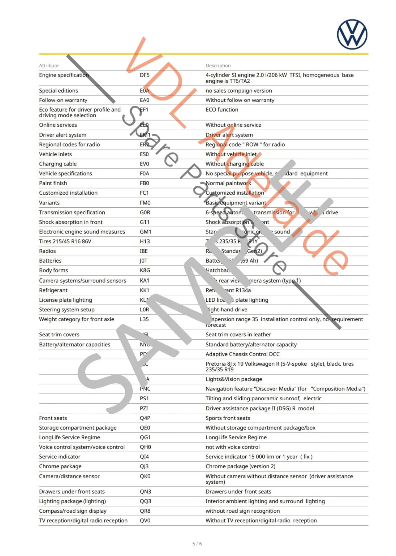 Volkswagen VW VIN Digital Report - Option Codes Build Date Colour - Image 5